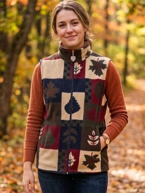 Vintage Northern Reflections Cottagecore Leaf-Print Full Zip Fleece Vest Sz M